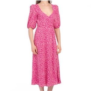 Wayf Pink Ditsy Floral Daisy Puff Sleeve Midi Wrap Dress